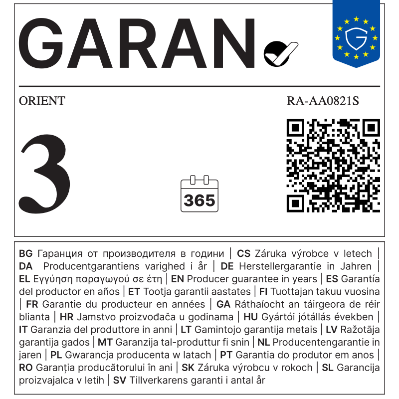 EU GARAN label - ORIENT RA-AA0821S - 3 year producer guarantee of durability