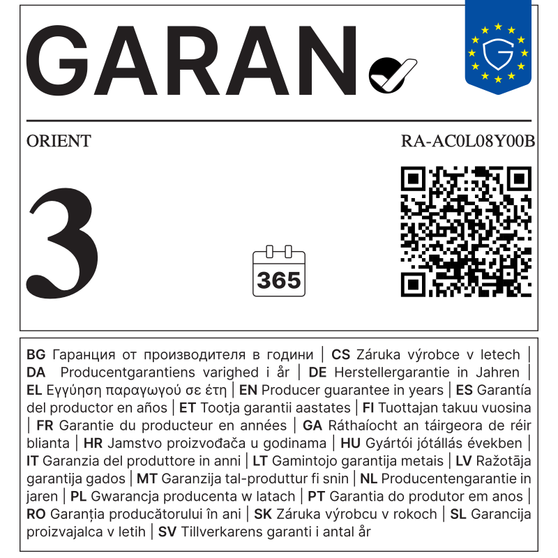 EU GARAN label - ORIENT RA-AC0L08Y00B - 3 year producer guarantee of durability